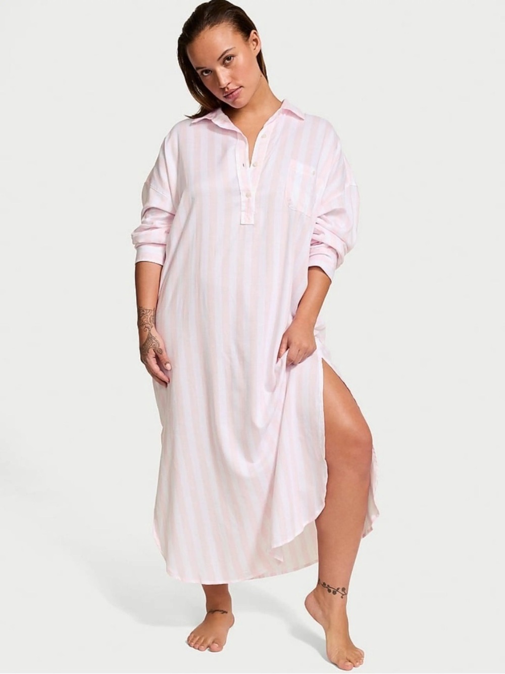 NWTs Victoria's Secret pink & white striped cotton-modal maxi nightshirt Size M